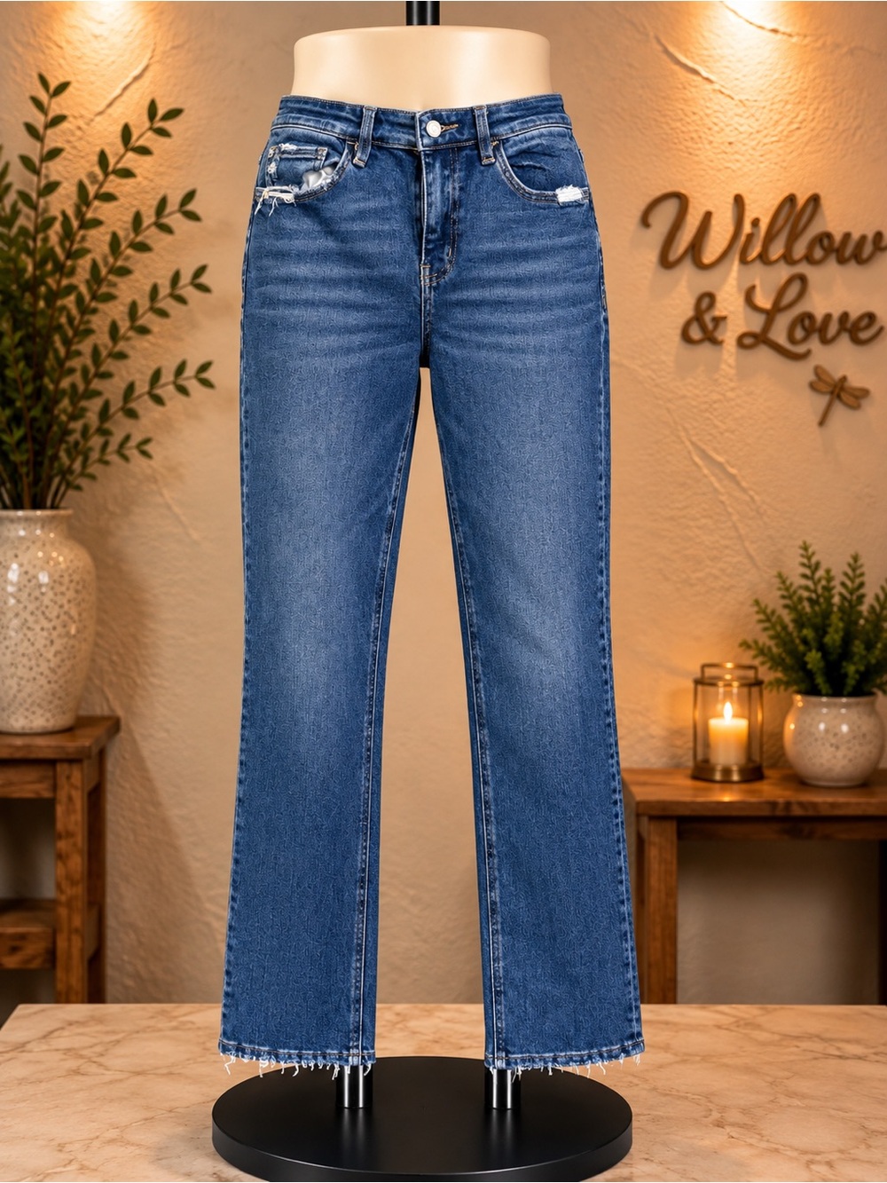 Vervet High Rise Straight Leg Jeans Distressed Raw Hem Medium Wash